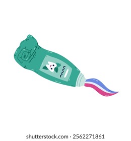 Lovely cartoon rolled up toothpaste tube with squeezing paste from it with mint flavor. Hand drawn used open toothpaste with smiling teeth, leaves on label. Dental care clipart isolated on white.