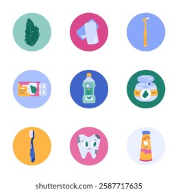 Lovely cartoon round cover icon with dental care and dentistry clipart for social media, blogs, business, branding. Highlight icons for stories with mouthwash, tooth brush, gum in vivid colors.