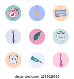 Lovely cartoon round cover icon with teeth treatment doodle for different social media, business, branding. Highlight icons for stories with funny tooth characters, brush, floss in pastel colors.