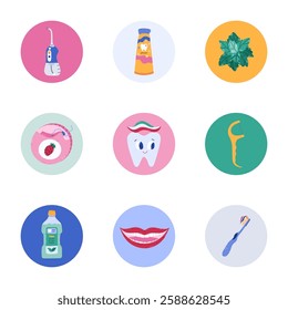 Lovely cartoon round cover icon with stomatology and dentistry clipart for different social media, blogs, branding. Highlight icons for stories with toothpaste, teeth, lips clipart in bright colors.