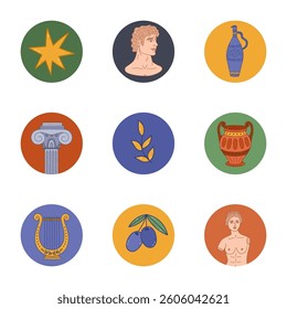 Lovely cartoon round cover icon with Greek history clipart for different social media, blogs, branding. Highlight icons for stories with goddess statue, antique jar, lyre. olive in bright colors.