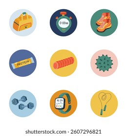 Lovely cartoon round cover icon with workout and athletic clipart for different social media, blogs, branding. Highlight icons for stories with dumbbell, stopwatch, foam roller doodle in vivid colors