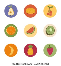 Lovely cartoon round cover icon with summertime fruits and berries clipart for different social media, blogs, branding. Highlight icons for stories with pear, mango, orange, cherry in vibrant colors