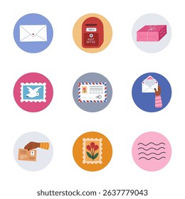 Lovely cartoon round cover icon with post office and delivering mail clipart for different social media, branding. Highlight icons for stories with letter, mailbox, postage stamp in pastel colors.
