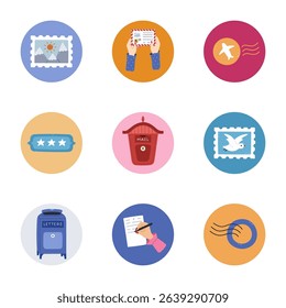 Lovely cartoon round cover icon with postage clipart for different social media, blogs, branding. Highlight icons for stories with postmark, airmail letter in hands, retro mailbox in vivid colors