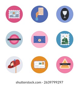 Lovely cartoon round cover icon with postal clipart for different social media, blogs, branding. Highlight icons for story with letter box, rubber stamp, paper in women arm, postmark in pastel colors