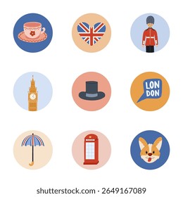 Ícone de capa redonda de desenhos animados encantadores com clipart de Londres e Inglês para diferentes mídias sociais, blog, branding. Ícone de destaque para histórias com guarda rainha, bandeira do Reino Unido, cabine telefônica vermelha em cores pastel