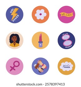 Lovely cartoon round highlight icon with feminism movement clipart for social media, blogs, business, branding. Cover stories icons with girl portrait, crown, lightning, lipstick in bright colors