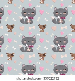 Lovely cartoon seamless pattern with cats and dogs, hearts,bones. Seamless pattern can be used for wallpapers