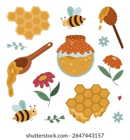 Lovely cartoon set about honey made, storage and producing. Cute hand drawn clipart of honey glass jar, honeycomb with flowing syrup, childish bee for poster, design isolated on white background.