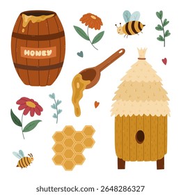 Caricatura adorável definido sobre a agricultura de mel com barril de madeira com xarope de gotejamento, abelha bonito, colmeia com telhado de palha. Colorido mão desenhada clipart apicultura coleção isolada no fundo branco.