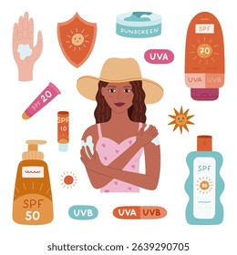 Lovely cartoon set about sun protection. Hand drawn young lady applying sunblock, lotion, cream and spray with SPF, lipstick. Trendy clipart collection for prevention sunburn isolated on white.