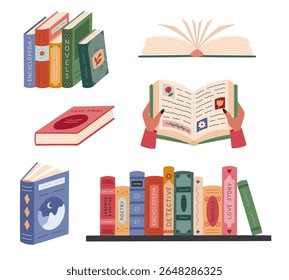 Lovely cartoon set with bookstore, literature clipart. Trendy hand drawn poetry, encyclopedia, detective, legend and myths on bookshelf, open books. Library icon isolated on white background.
