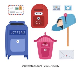 Lovely cartoon set with different mailboxes. Vintage, standing on street, residential, public postbox for delivering mail, parcels. Diverse letter box clipart as post office concept isolated on white.