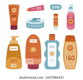 Lovely cartoon set with different tubes of sunblock. Cute hand drawn cream, spray, lipstick, jar, lotion with SPF protection. Skin and bodycare cosmetic products for sun protection isolated on white.