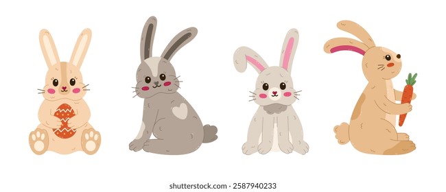 Lovely cartoon set with Easter bunny in different poses, fur. Childish hand drawn rabbit holding Easter egg, standing with carrot, bent down ear, back view. Symbol of traditional springtime holiday.