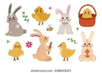 Lovely cartoon set with Easter bunny and baby chick in different poses. Childish hand drawn rabbit holding Easter egg, with bent down ear, chicken waving wings. Symbol of religious spring holiday.