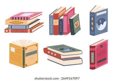 Lovely cartoon set with library and bookstore clipart. Trendy hand drawn stack of books in vibrant colors, literature standing in row, legends, love stories, poetry. Reading icon isolated on white.