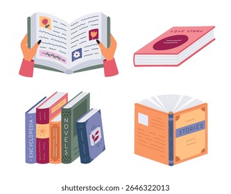 Caricatura adorável set com livro aberto em mãos com imagens, parágrafos, história de amor, ficção em pé na fileira. Mão desenhada de volta ao conceito de escola para a leitura, estudando isolado no fundo branco.