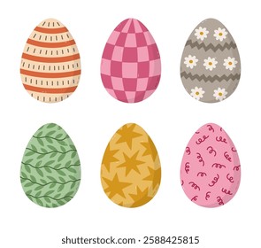 Lovely cartoon set of painted Easter egg with swirl, flower, dot pattern, checkered, leaves, stars. Trendy hand drawn symbol of Easter egg hunt. Cute ornate egg doodle of isolated on background.