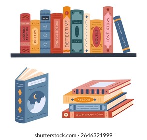 Lovely cartoon set with reading clipart. Bookcase with books of different genres, stack of literature in picturesque cover. Hand drawn library clipart for knowledges isolated on white background.