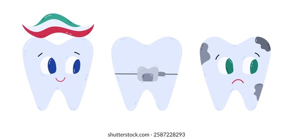 Lovely cartoon set of teeth character with different emotions and health condition. Hand drawn cheerful health tooth with toothpaste, sad ill tooth, in dental braces. Oral treatment clipart isolated.