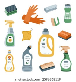 Lovely cartoon set with washing bottles and supplies. Hand drawn laundry and dishwashing gel, rubber gloves, sponges, rags, dispenser. Funny sanitize clipart isolated on background.