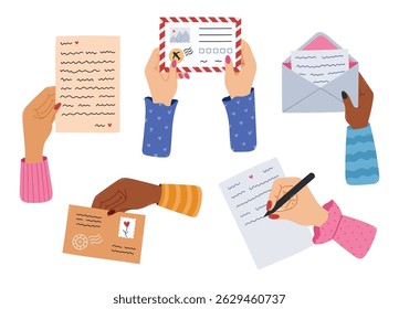 Lovely cartoon set with woman arm writing a letter, holding airmail envelope with both hands, receiving paper sheet. Cute hand drawn postal, delivering mail clipart isolated on white background.