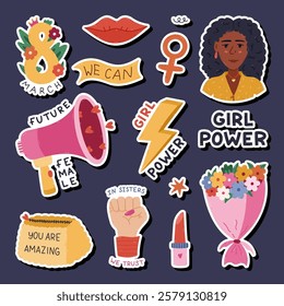 Lovely cartoon sicker set for International Women Day for planners, notebooks. Ready for print list of feminism positive stickers, lady character, girl power lettering. Hand drawn feminine collection.