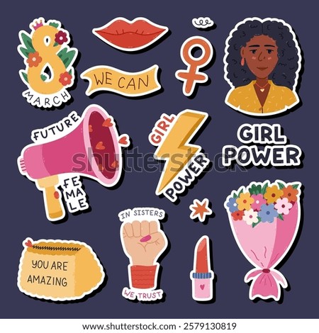 Lovely cartoon sicker set for International Women Day for planners, notebooks. Ready for print list of feminism positive stickers, lady character, girl power lettering. Hand drawn feminine collection.