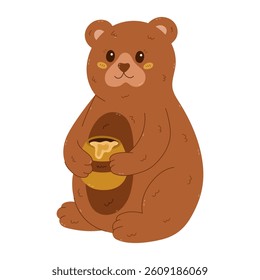 Lovely cartoon sitting bear with honey pot with dripping gold syrup. Joyful hand drawn wild animal character who love sweets. Cheerful teddy bear holding honey jar isolated on white background.