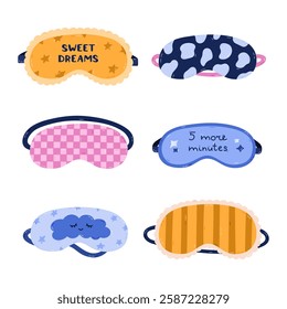 Lovely cartoon sleeping mask set with animal pattern, wide lines, check, cloud, funny lettering. Cute hand drawn eye mask for comfortable dreaming. Patterned bedtime accessory isolated on white.