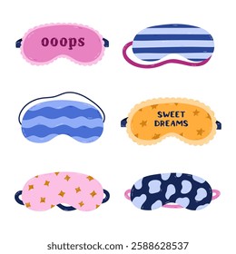 Lovely cartoon sleeping mask set with geometric line pattern, abstract blobs, stars, Oops lettering. Hand drawn girly eye mask for comfort relaxation. Patterned bedtime accessory isolated on white.