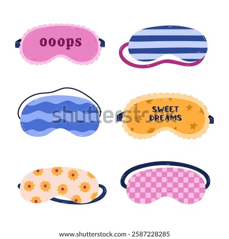 Lovely cartoon sleeping mask set with checkered pattern, sunflower, Sweet Dreams lettering, lace. Cute hand drawn girly eye mask for comfort dreaming. Patterned bedtime accessory isolated on white.