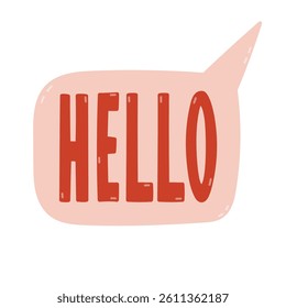 Lovely cartoon speech bubble with hand drawn tall lettering Hello. Trendy bold typography in cloud talking bubble as sign of communication, greeting, learning English language isolated on background.