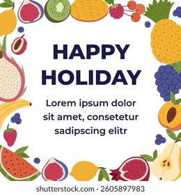 Lovely cartoon square frame with summertime tropical, exotic fruits and place for text in vivid colors for poster, design, social media. Hand drawn colourful border with watermelon, mango, kiwi.