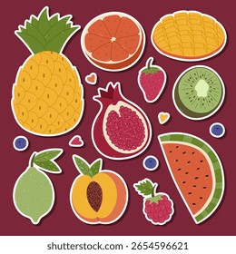 Lovely cartoon sticker list with juicy healthful fruits and berries for planners, notebooks, scrapbook. Ready for print layout of stickers with pineapple, mango, grapefruit, lime, kiwi, peach.