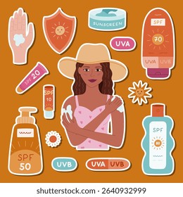 Lovely cartoon sticker set about sun protection for planners, notebook, scrapbook. Ready for print list of hand drawn stickers with young lady applying sunblock, lotion, spray with SPF, lipstick.