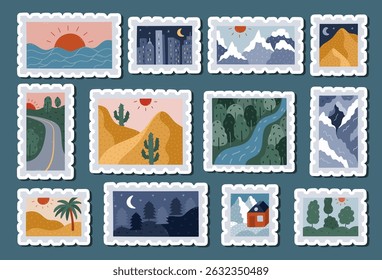 Lovely cartoon sticker set with retro postage stamp with picturesque scenery for planners, notebooks. Ready for print list of hand drawn stickers clipart of seascape, woods, highway, skyscraper.