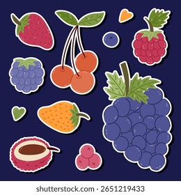 Adorável adesivo de desenho animado definido com frutas de verão e outono e bagas para planejadores, cadernos, scrapbook. Pronto para imprimir lista de adesivos vívidos com comida gostosa saudável. Uva, morango, cereja.