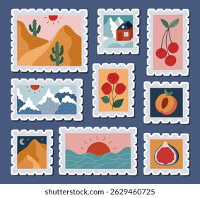 Lovely cartoon sticker set with vibrant postage stamp with picturesque scenery, roses, peach, cherry for planners, notebooks, scrapbook. Ready for print list of hand drawn travelling postmark.