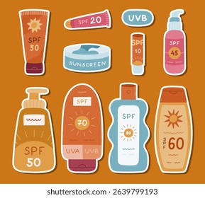 Lovely cartoon sticker sheet with different bodycare tubes of sunblock for planners, notebooks. Ready for print list of hand drawn sticker set ream, spray, lipstick, jar, lotion with SPF protection.