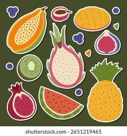 Folha adesiva de desenho animado adorável com frutas exóticas tropicais e bagas para planejadores, cadernos, diário. Pronto para imprimir lista de adesivos vívidos com frutas vegetarianas. Mamão, melancia, kiwi, manga.