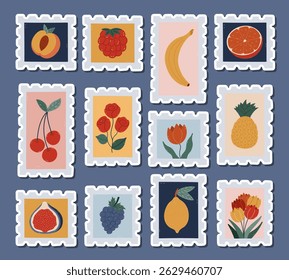 Lovely cartoon sticker sheet with vintage postage stamp with image of summertime fruits and flowers for planners, notebooks. Ready for print sticker set with hand drawn airmail postmarks, trip labels.