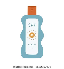 Lovely cartoon sunblock spray with SPF 80. Cute hand drawn clipart of sun protection lotion against sunburn. Summertime and vacation protective cosmetic isolated on white background.