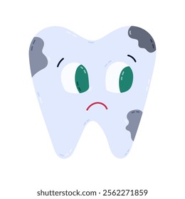 Lovely cartoon tooth with caries and sad emotion. Ill tooth with unhappy face from disease and bad hygiene. Stomatology and tooth decay concept for infographic about importance of kids dental care.