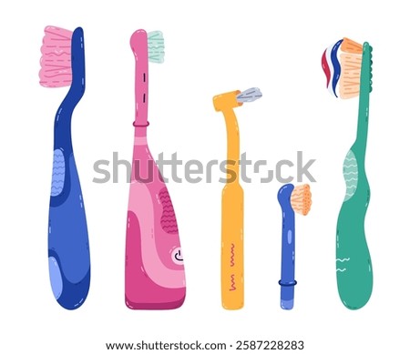 Lovely cartoon toothbrushes set different colors and size. Manual, electric, for cleansing braces, removable nozzle of tooth brush. Cute hand drawn dental and oral hygiene clipart isolated on white.