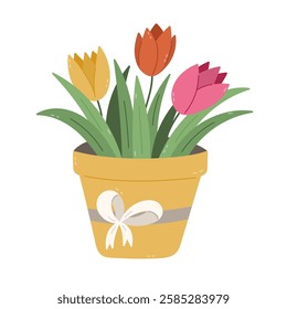 Lovely cartoon tulips with green leaves in flower pot with ribbon bow on it. Cute hand drawn floral clipart as sign of gardening hobby, spring and summer time. Present for Easter, Valentine day.