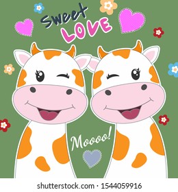 Lovely cartoon two cows  with text sweet love on green  background. Modern flat poster for prints, kids cards, t-shirts and other. Vector illustration. Greeting card.