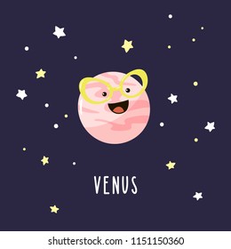 Lovely cartoon Venus in the night sky. Bright vector illustration.